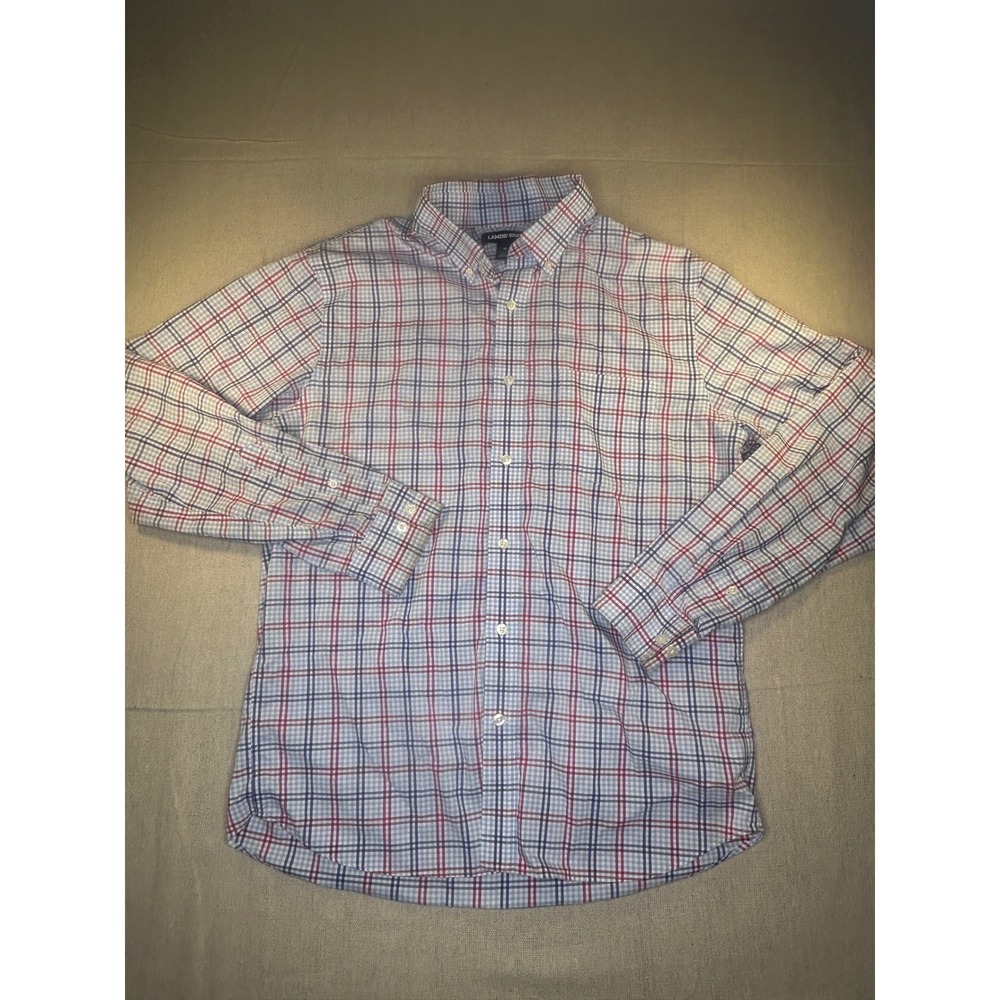 Lands End Button Down Shirt Mens M Red Blue Plaid Good Tailored Fit Long Sleeve